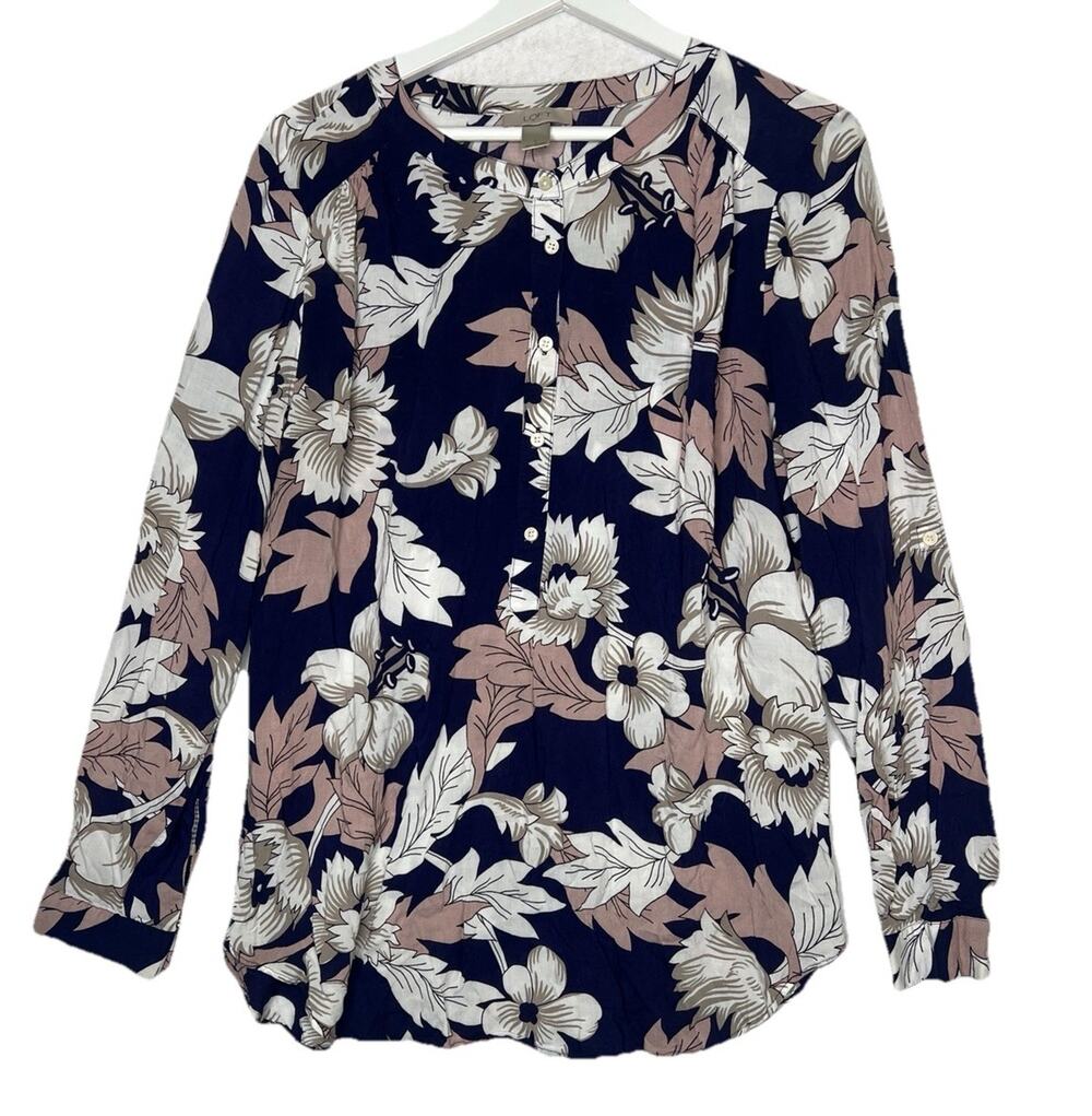 Loft Outlet Womens Roll Tab Sleeve Leaf Print Stretch Button Up Blue Tan L